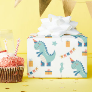 Papel De Presente Festa de Aniversário de Dinossauro Fofa Padrão Sem