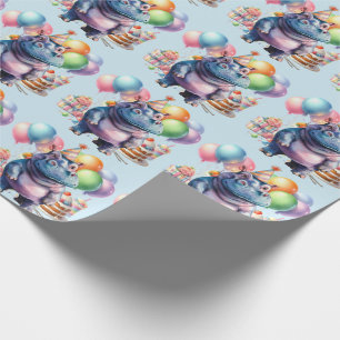 Papel De Presente Festa de Aniversário de Hipopótamo com bolo