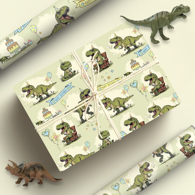 Papel De Presente Festa de Aniversário de Menino com T Rex Dinossaur (T Rex Dinosaur Cartoon Green and Blue Jurassic three-rex kids funny birthday party wrapping paper)