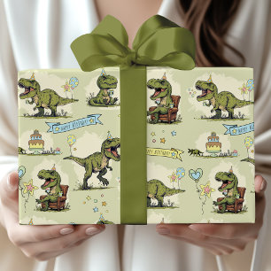 Papel De Presente Festa de Aniversário de Menino T Rex Dinossauro Ju