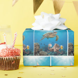 Papel De Presente Festa de Aniversário de Tartaruga Marinha com Polv