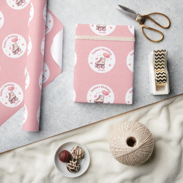Papel De Presente Festa de aniversário de uma garota rosa de patinaç (Artesanato)