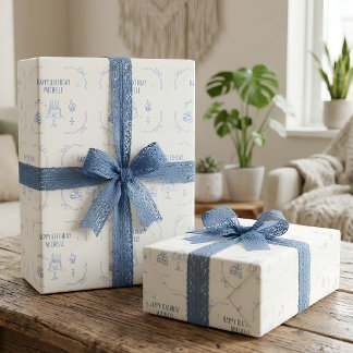Papel De Presente Festa de Aniversário Minimalista Azul Feliz Aniver