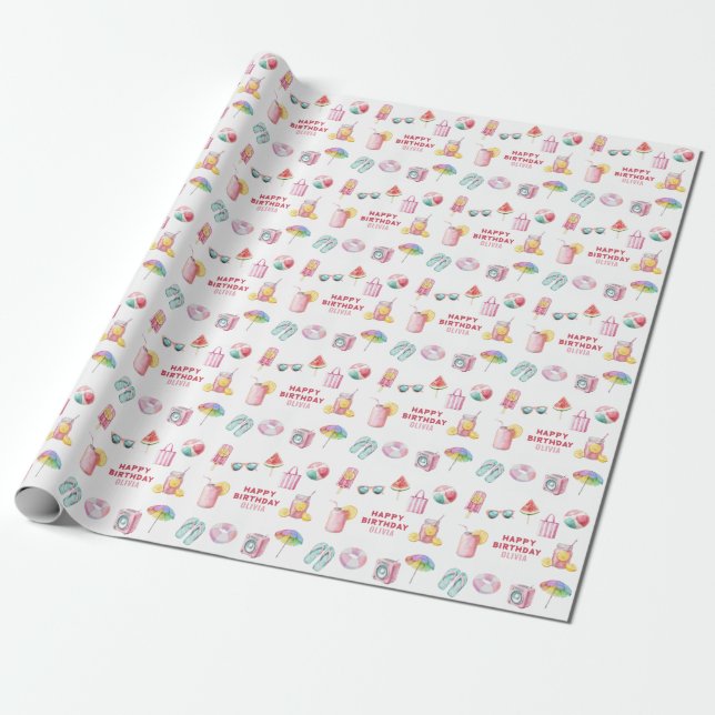 Papel De Presente Festa de Aniversário Personalizada com Piscina em  (Desenrolado)