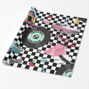 Papel De Presente Festa de Aniversário Tema Retro Checker 50's Fifti