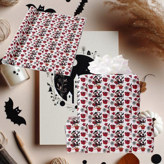Papel De Presente Festa de Bruxas do Fantasma do Fantasma de Hallowe (Spooky Halloween Witch Party Cat Ghost Spider Web Wrapping Paper)