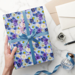 Papel De Presente Festa de Chá de Noiva Colagem Floral Azul Branco