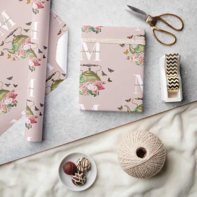 Papel De Presente Festa de Chás em Rosa Floral & Borboletas Monogram (Artesanato)