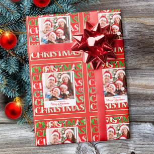 Papel De Presente Festa de Fotos da Família Natal Vermelho Verde Ret
