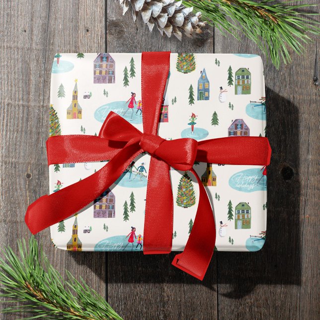 Papel De Presente Festa de inverno na Vila da Vila (Cute Winter House Village Scene Christmas Wrapping Paper)