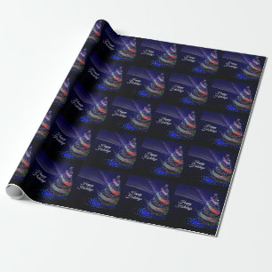 Papel De Presente Festa de Natal Árvore Colorida Marinho Azul Russo