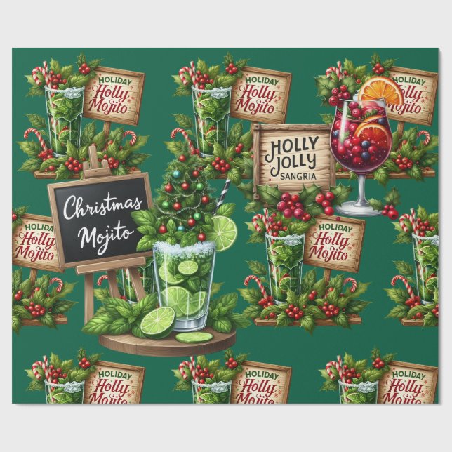 Papel De Presente Festa de Natal com Coquetéis em Verde (Aberto)