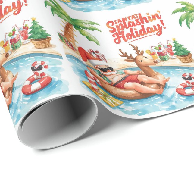 Papel De Presente Festa de Natal dos papais noeis na piscina (Ponta do rolo)
