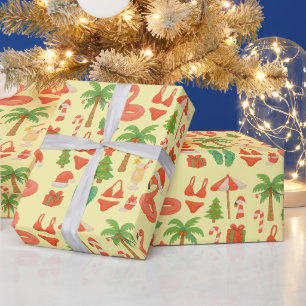 Papel De Presente Festa de Piscina de Gato com Natal Flamingo em jul