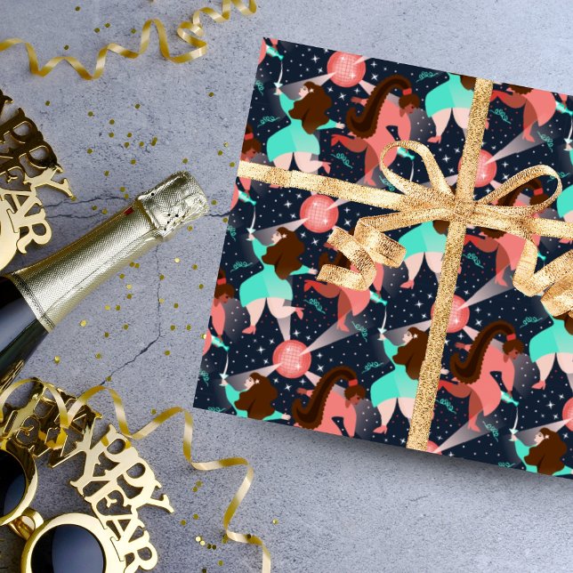 Papel De Presente Festa de vamos! Ano Novo (A fun wrapping paper with dancing girls, disco balls, stars  and .... champagne!)