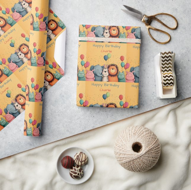 Papel De Presente Festa de Zoológicos Bonitos com Balões e Confetti (Artesanato)