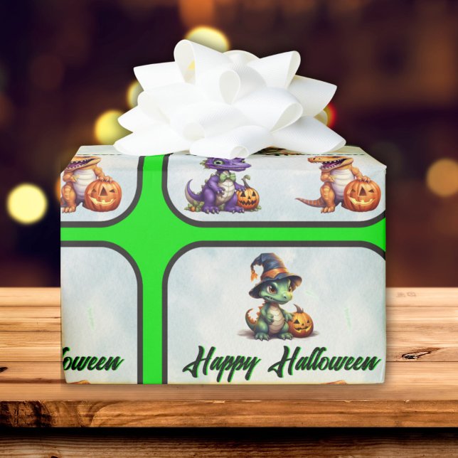 Papel De Presente Festa Dino-Mash do Dinossaur do Halloween (Halloween Dino Wrapping Paper with green trim and font)