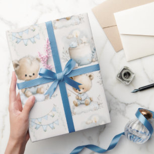 Papel De Presente festa infantil com ursinho de pelúcia e bolo