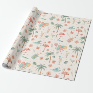 Papel De Presente Festa na Praia Palmeiras Tropicais Flamingos Rosa