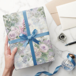 Papel De Presente Festa Romântica de Noiva com Flores Roxas e Rosada