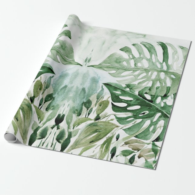 Papel De Presente Festa Tropical de Aguarela Moderna com Folhas de M (Desenrolado)