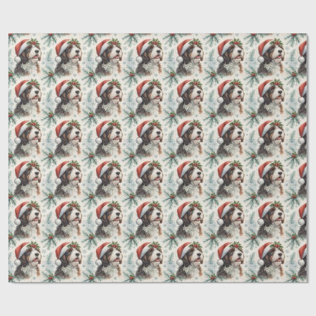 Papel De Presente Festive Bernedoodle Dog Santa Hat Watercolor (Aberto)