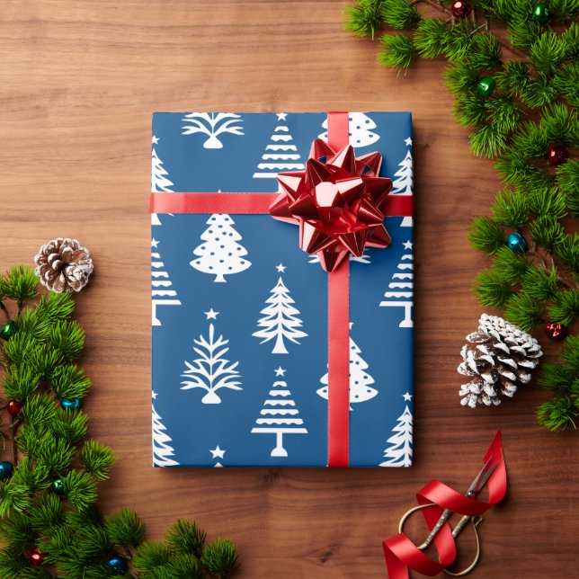 Papel De Presente Festive Blue and White Christmas Tree Pattern (Presente de Natal)