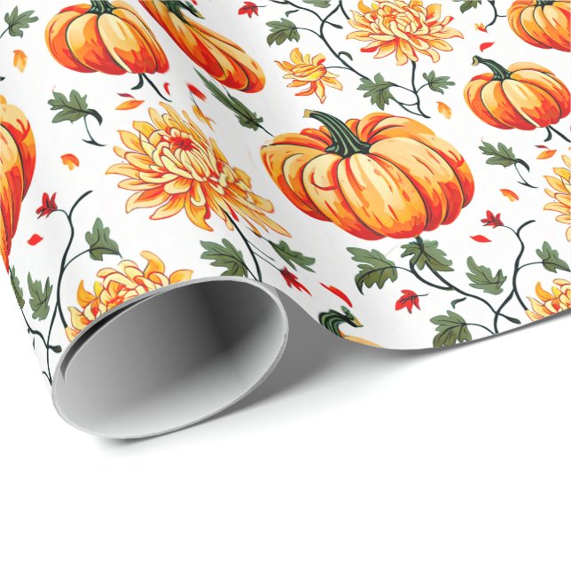 Papel De Presente Festive Fall Pumpkins and Chrysanthemums (Ponta do rolo)