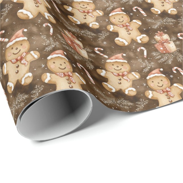 Papel De Presente Festive Gingerbread Men with Gifts & Snowflakes  (Ponta do rolo)