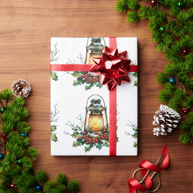 Papel De Presente Festive Lantern Nestled in Holly – Seasonal Glow  (Presente de Natal)