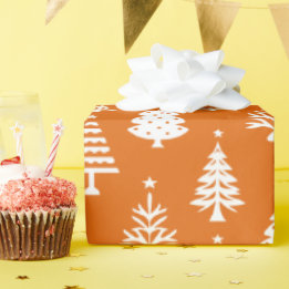 Papel De Presente Festive Orange and White Christmas Tree Pattern