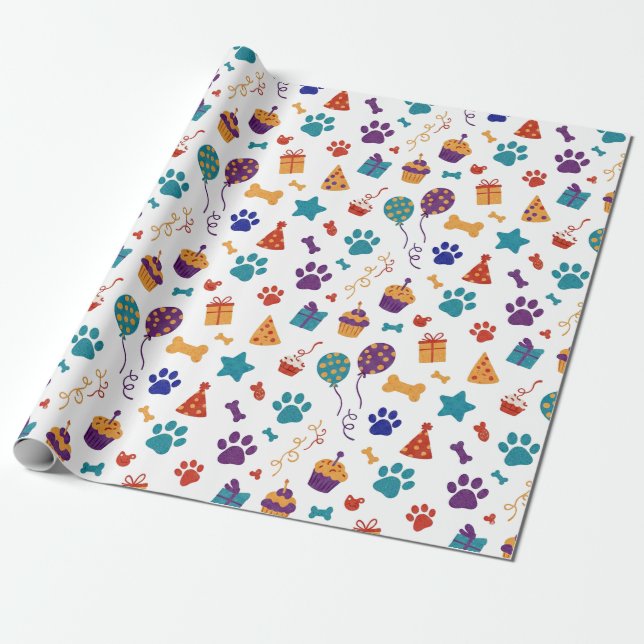 Papel De Presente Festive Paw Prints & Party Treats Pet Anniversary (Desenrolado)