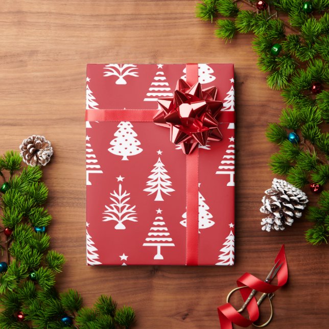 Papel De Presente Festive Red and White Christmas Tree Pattern (Presente de Natal)
