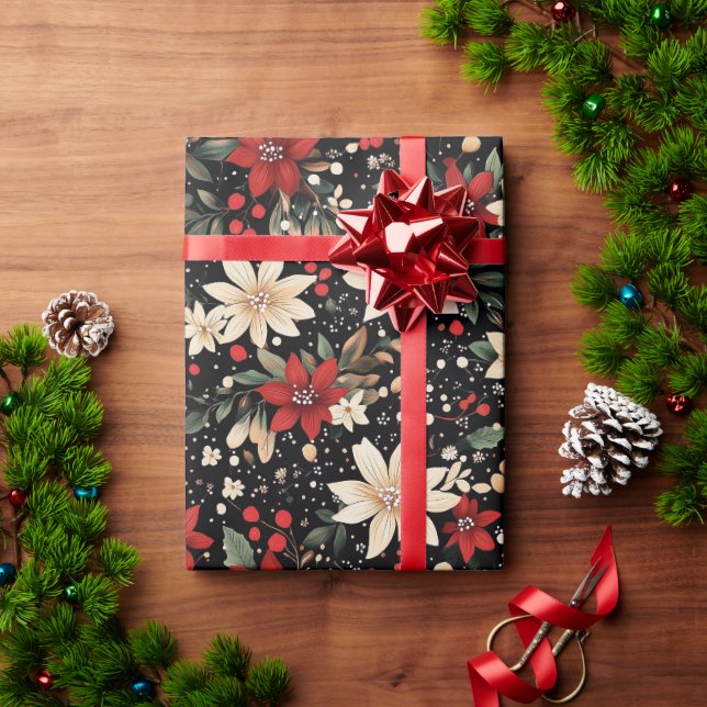 Papel De Presente Festive Red and White Poinsettia Christmas Holiday (Presente de Natal)