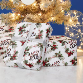 Papel De Presente Festive Red Berries Happy New Year Pattern