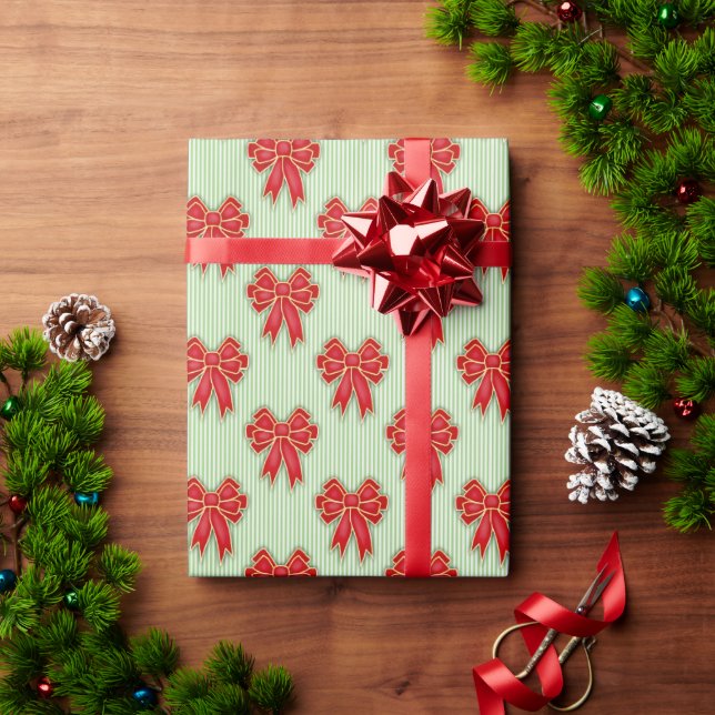 Papel De Presente Festive Red Christmas Bows on Green Stripes (Presente de Natal)