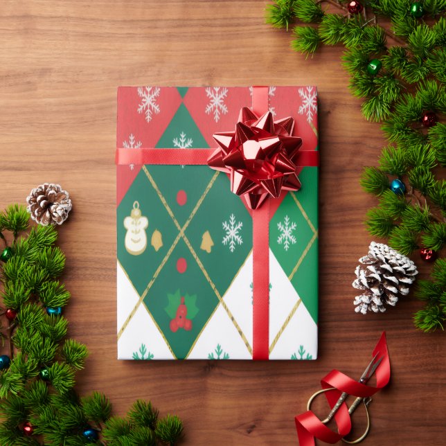 Papel De Presente Festive Red & Green Argyle Cheer Christmas (Presente de Natal)