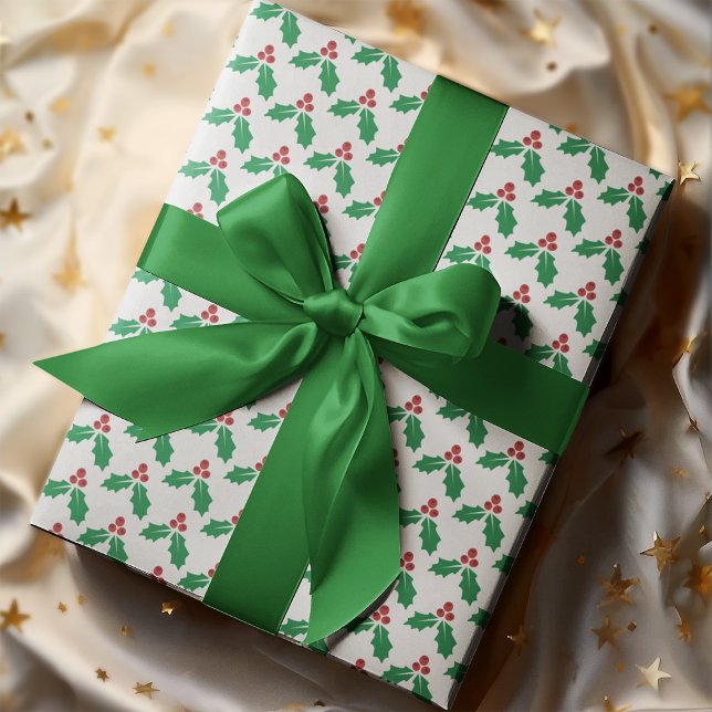 Papel De Presente Festive Red Green Holly Leaves Berries Holiday  (Criador carregado)
