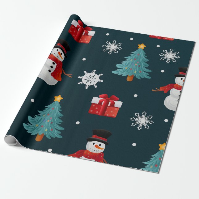 Papel De Presente Festive Snowmen Christmas Trees Holiday Gift (Desenrolado)