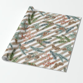 Papel De Presente Festive White Stripe Pine Spruce Kraft Holiday