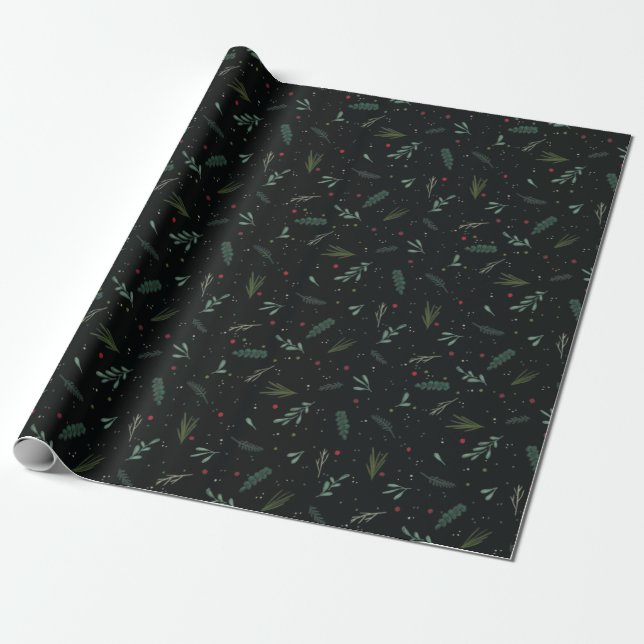 Papel De Presente Festivo De Natal Deixa Berries De Preto Botânico (Desenrolado)