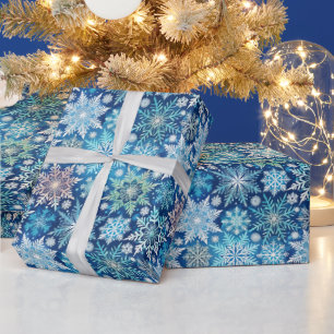 Papel De Presente Festivo flocos de neve azuis de Natal