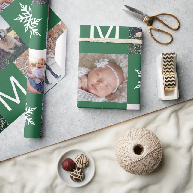 Papel De Presente Festivo Green Snowflakes Foto Colagem Natal (Artesanato)