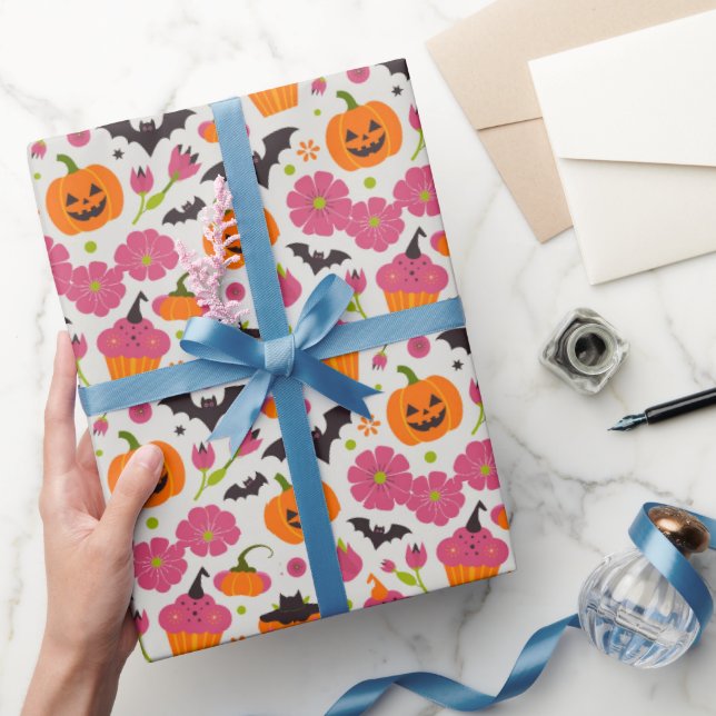 Papel De Presente Festivo Halloween | Cupcakes, Pumpkin & Bats (Presentear)
