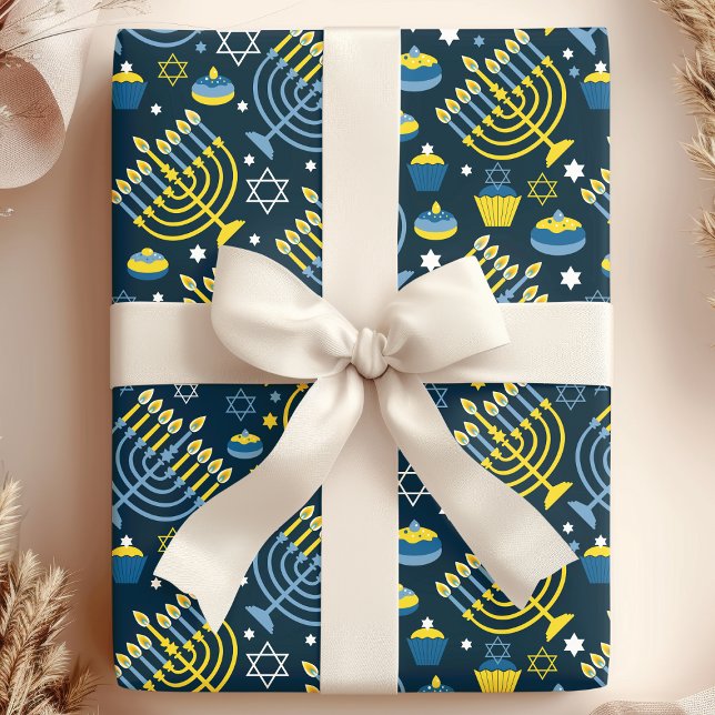 Papel De Presente Festivo Hanukkah Menorah e padrão Sukkot (Criador carregado)
