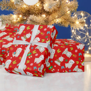 Papel De Presente Festivo Lhamas de Natal em Vermelho