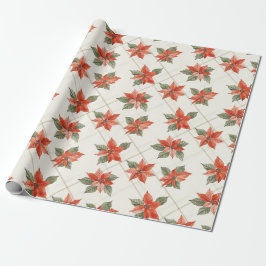 Papel De Presente Festivo Poinsettia e Natal Xadrez