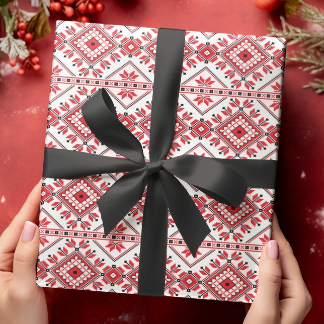 Papel De Presente Festivo Red Black Classic Fair Nórdica Isle Motif (Criador carregado)