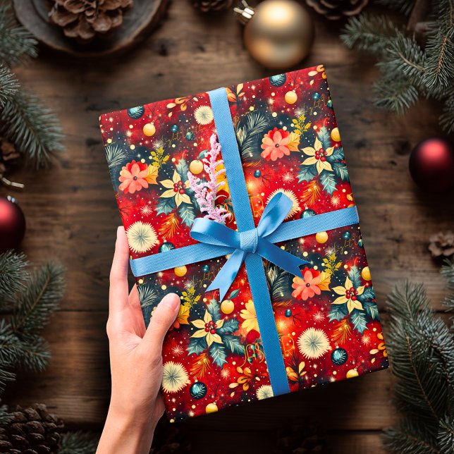 Papel De Presente Festivo Vermelho Festivo Natal Floral (Criador carregado)