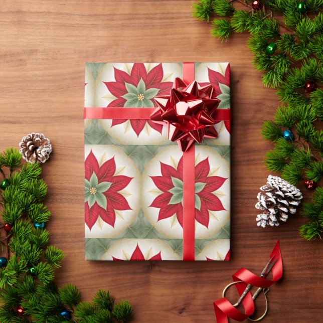 Papel De Presente Festivo Vermelho Poinsetos (Presente de Natal)
